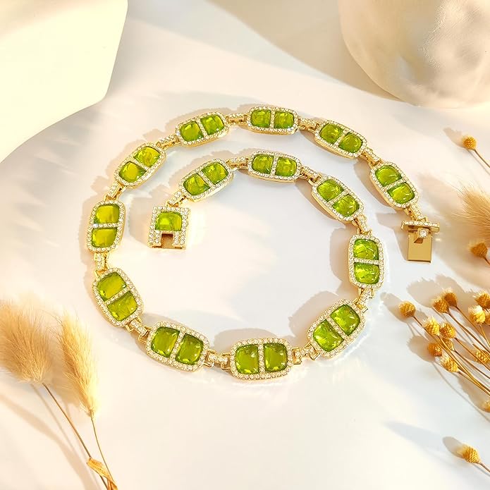 Chunky Necklace for Women 12 Colors Diamond Stone Gold Statement Necklace for Women Full Trendy Blue Birthstone Choker Necklace for Women Square Design Necklace Jewelry