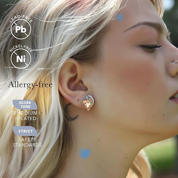 Earrings for Women, Mothers Day Gift for Mom, Heart Birthstone Crystal Stud Earring, Silver Plated Birthday Jewelry