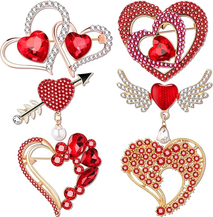 Junkin 6 Pcs Love Heart Brooch Pin Women Crystal Rhinestone Gift Hollow Lapel Crystal Brooch Pins for Girls Party Wedding Festivals Valentine's Day