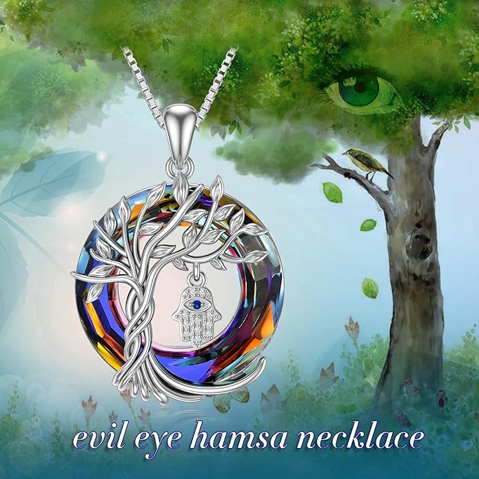 TOUPOP Evil Eye Necklace 925 Sterling Silver Tree of Life Circle Crystal Pendant Necklace Protection Jewelry Amulet Christmas Gifts for Women Her