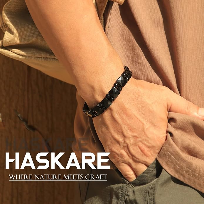 HASKARE Protection Healing Stone Bracelets for Men Unique Natural Crystal Black Obsidian Mens Bracelets, Masculine Energy Protection Men Beads Bracelet for Anxiety, Handmade Gifts for Husband Father