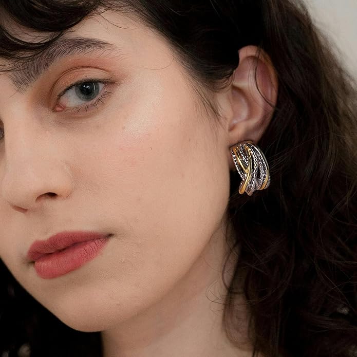 Two Tone Huggie Hoop Earrings Cross Over Design Twisted Rope Silver Gold Statement Wide Band Clip On Hoops for Women Fashion Jewelry Gift