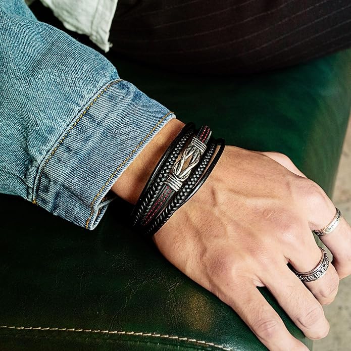 Italian Handmade Genuine Leather Bracelets for Men Stainless Steel Clip, Men's Casual Genuine Multi-layer Cuff Bracelet, Bracelet Gift for Real Men