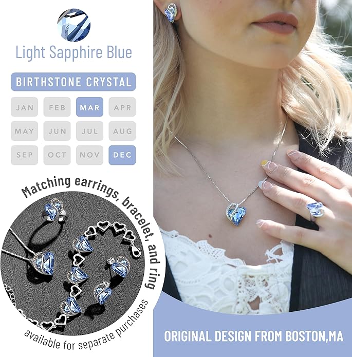 Leafael Necklaces for Women, Infinity Love Birthstone Heart Crystal Pendant, Birthday Jewelry Gifts for Her, Mom, and Wife, Silver Plated, 18 plus 2 inch Adjustable Chain