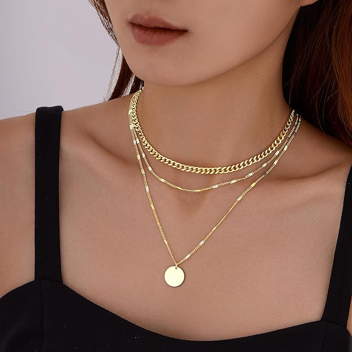 WomenGifts Layered Gold Necklaces for Women, 14K Gold Sterling Silver Plated Dainty Pendant Necklace Set with Cubic Zirconia Circle, Chunky Stackable Cuban Chain Choker, Trendy Personalized Birthstone Jewelry Gift Non Tarnish