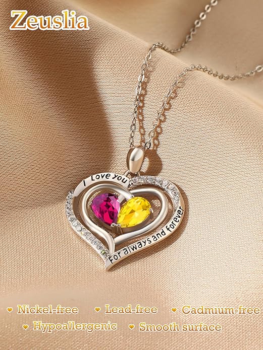 Zeuslia Double Birthstone Necklace Gifts for Wife - 925 Sterling Silver Sunflower/Rose/Crown Cross/Compass/Heart Pendant I Love You Necklace, Anniversary Birthday Gifts for Wife Girlfriend Mom Her