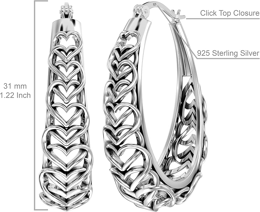 LeCalla 925 Sterling Silver Hoop Earrings for Women | Women's Filigree Hoop Earrings | Antique Oxidized Openwork Mesh Filigree Cut Earring Chunky Hoops | Hypoallergenic Vintage Filigree Oval Hoop Earrings for Women