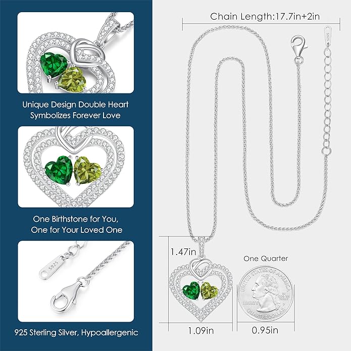 LOUISA SECRET Sparkling Double Heart Birthstone Necklaces for Women, 925 Sterling Silver Fine Jewelry, Pendant Heart Necklaces Birthday Anniversary Christmas Gift for Women Wife Mom Girlfriend Lady