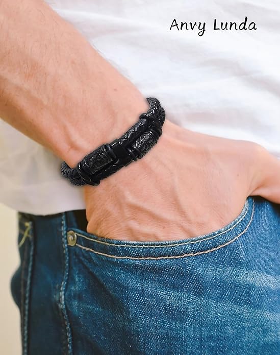 Viking Compass Celtic Knot Bracelet, Mens 14K Gold Plated Black Braided Leather Cuff, 316L Stainless Steel Jewelry for Women Friend Father Husband Son