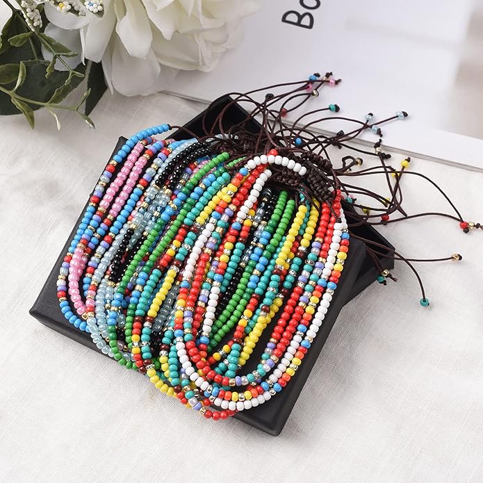 XIJIN 8Pcs Handmade Beaded Anklets for Women Boho Colorful Beads Ankle Bracelets Adjustable Foot Anklet Set