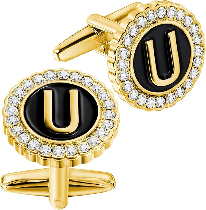 HAWSON A-Z Initial Cufflinks for Men and Women with Clear Crystal, Gold Silver Color Rasied Letter A-Z Cuff Links for French Shirt, Gift for Normal and Business Wearing
