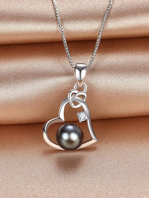 Tahitian Black Pearl 18K White Gold Plated Sterling Silver Heart/Infinity/Four Leaf Clover Pendant Necklace Jewelry Gifts for Women Wife Mom Girlfriend Wedding Birthday Anniversary Christmas