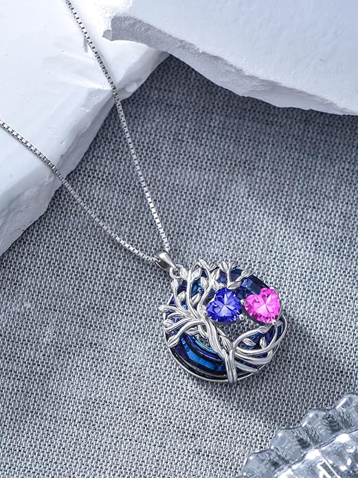 TOUPOP s925 Sterling Silver Family Celtic Tree of Life Pendant Necklaces with 2 Heart Birthstone with Blue Austrian Crystal Jewelry Birthday Anniversary Christmas Gifts for Her Wife Girlfriend Mom (18K Real White Gold Filled)