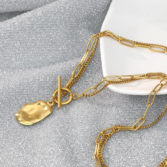 Chunky Gold Necklace for Women, 18K Waterproof Heart Necklace Statement Necklace Gold Charm Necklace Chunky Jewelry Paperclip Chain Choker Gift for Women
