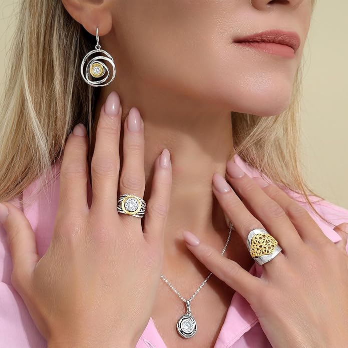 JEAN RACHEL JEWELRY Mixed Metal Two Tone Ring for Women – CZ Wire Wrap – 925 Sterling Silver & 14K Gold Over Silver – Sculptural Wire Band with Round CZ – Hypoallergenic Design