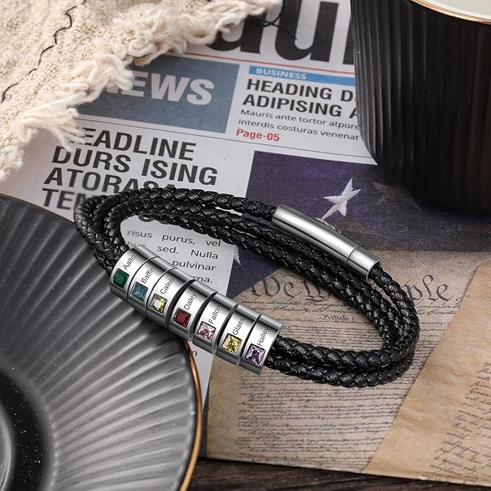 kaululu Custom Leather Bracelet for Men with 1/2/3/4/5/6/7/8 Birthstones Engraved Stainless Steel Beads Personalized Names Bracelet for Father's Day Christmas Thanksgiving Gift for Men
