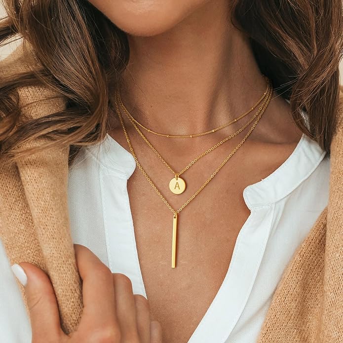 Initial Layered Necklaces for Women, 14K-Gold-Plated Coin Letter Necklace Bar Stacking Layer Necklace Multi Bar Layering Y-Necklaces Jewelry for Women
