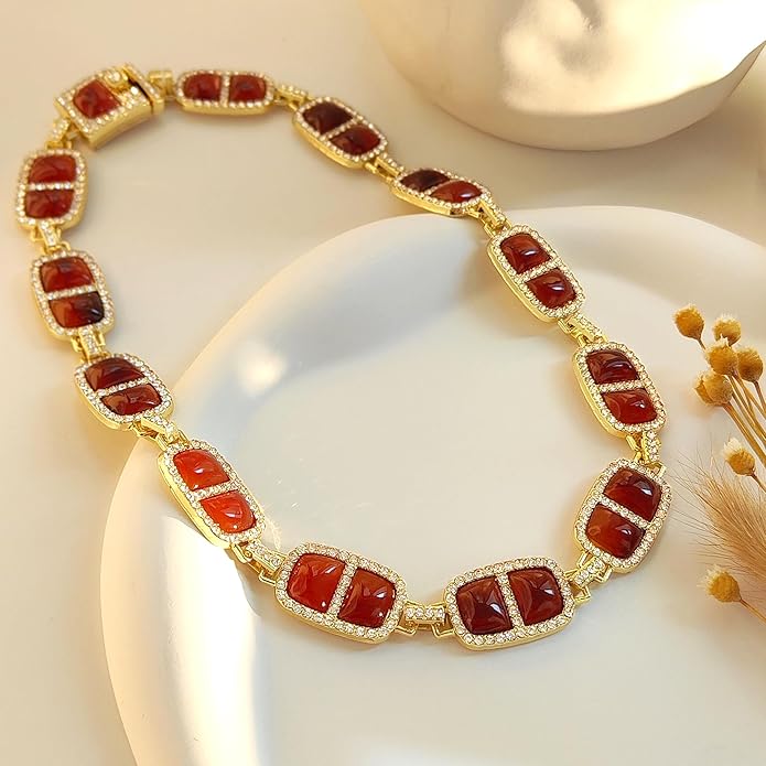 Chunky Necklace for Women 12 Colors Diamond Stone Gold Statement Necklace for Women Full Trendy Blue Birthstone Choker Necklace for Women Square Design Necklace Jewelry