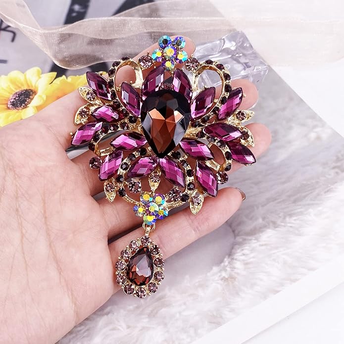 LAXPICOL Wedding Bridal Big Brown Crystal Rhinestone Bouquet Brooch Pin for Women Golden Tone