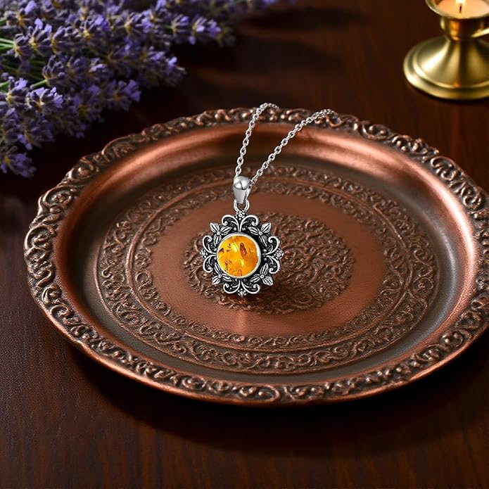 Amber Vintage Necklace Sterling Silver, Boho Jewelry for Women, Handmade Western Filigree Pendant, Unique Christmas Birthday Gift