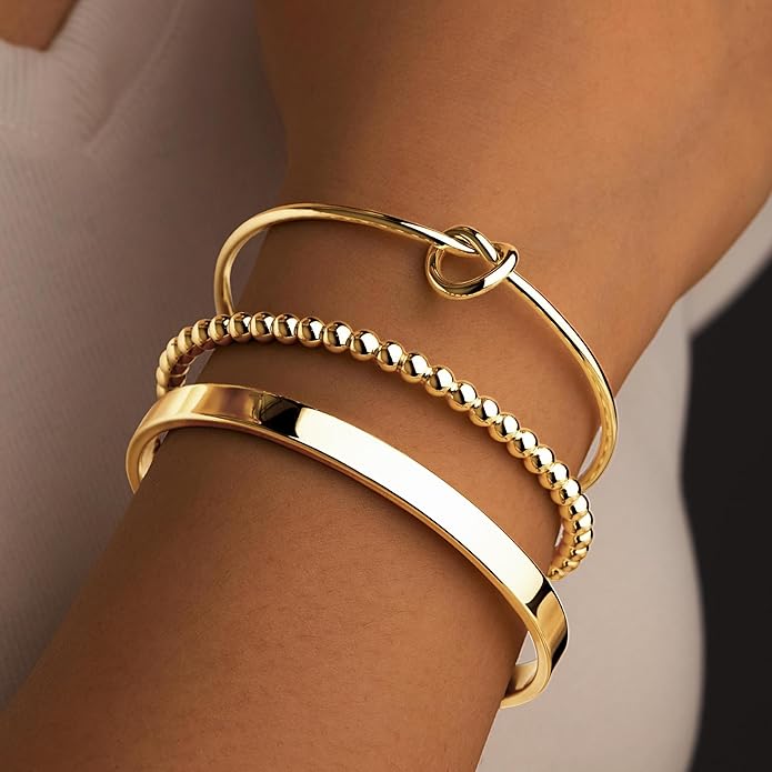 Silver Bracelets for Women Stack, Silver or Gold Plated Cuff Bangle Set, Trendy Silver Jewelry for Women Fashion