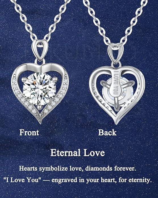 Moissanite Heart Necklace for Women,1-2 Carat Moissanite Pendant Necklace Engraved with 'I LOVE YOU,Birthday Gifts for Women,Mom, Girlfriend, Jewelry Gifts for Christmas Valentine's Day