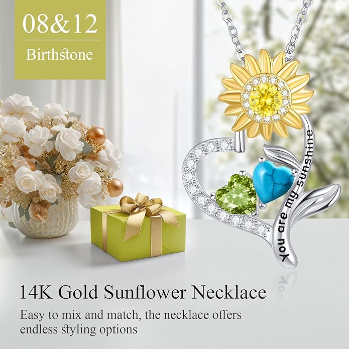 PERJI Valentine's Day Gifts for Women - 925 Sterling Silver Double Birthstone Sunflower Necklace, Anniversary Birthday Jewelry You are My Sunshine Gifts for Wife Couple Girlfriend 18"+2" Non Tarnish