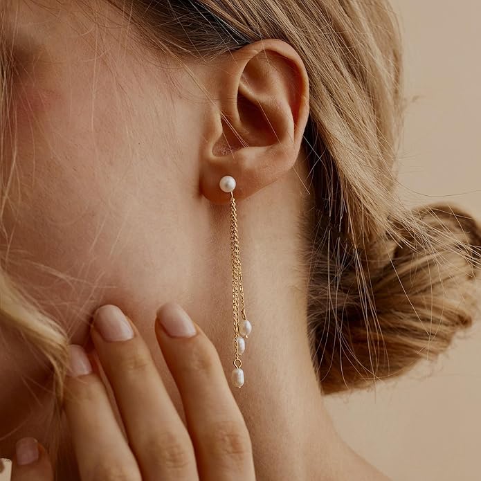 Moodear Dainty Pearl Dangle Earrings for Women - Trendy 14K Gold Plated Pearl Hypoallergenic Drop Earring Wedding Jewelry Gift