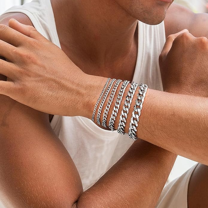 Yoosteel Mens Bracelets - Silver Chain Bracelet Stainless Steel Cuban Link Stack Bracelets Sturdy Rope Paperclip Chains Set 7.5/8.3/9 inches Trendy Jewelry for Men
