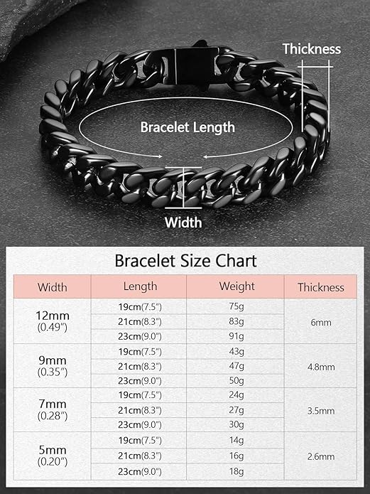 FaithHeart Mens Stainless Steel Cuban Link Bracelet - 5/7/9/12mm Width 7.5"/8.3"/9" Black/Silver/Gold Plated Heavy Duty Wrist Chain Bracelet Hip Hop Jewelry Birthday Gifts for Him