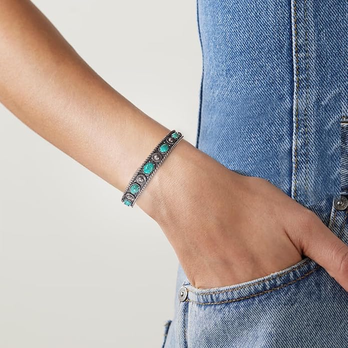 Native American Genuine Turquoise Cuff Bracelet for Women 925 Sterling Silver Turquoise Boho Bangle Adjustable Fit for 6.5 to 7.5 Inch