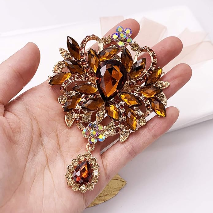 LAXPICOL Wedding Bridal Big Brown Crystal Rhinestone Bouquet Brooch Pin for Women Golden Tone