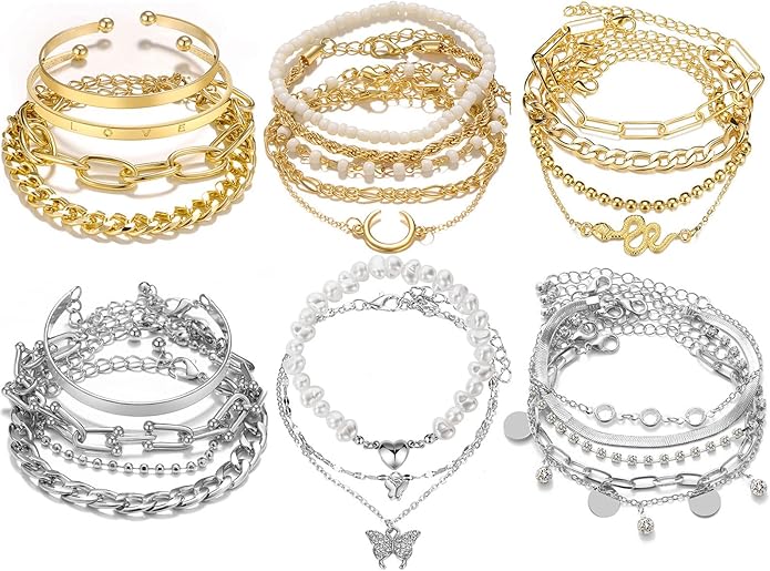 17IF 18-25 PCS(6 Pack) Boho Gold Bracelets Set for Women Stackable Chunky Dainty Bangles Adjustable Chain Flat Cuff Cuban Punk Charm Bundle Jewelry