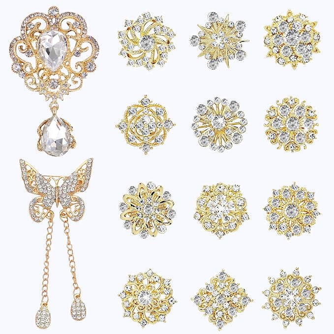 Yhsheen Gold Rhinestone Brooches Pin Kits Crystal Pearl Brooches for Bouquets for Wedding Decoration Accessories Jewelry Making Crafts(Gold-14PCS)-D