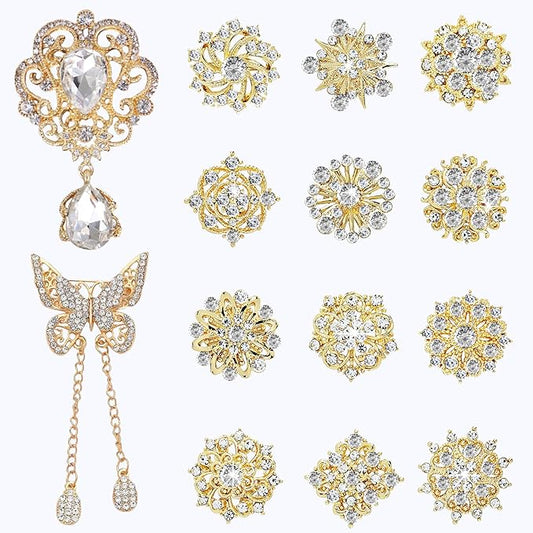 Yhsheen Gold Rhinestone Brooches Pin Kits Crystal Pearl Brooches for Bouquets for Wedding Decoration Accessories Jewelry Making Crafts(Gold-14PCS)-D