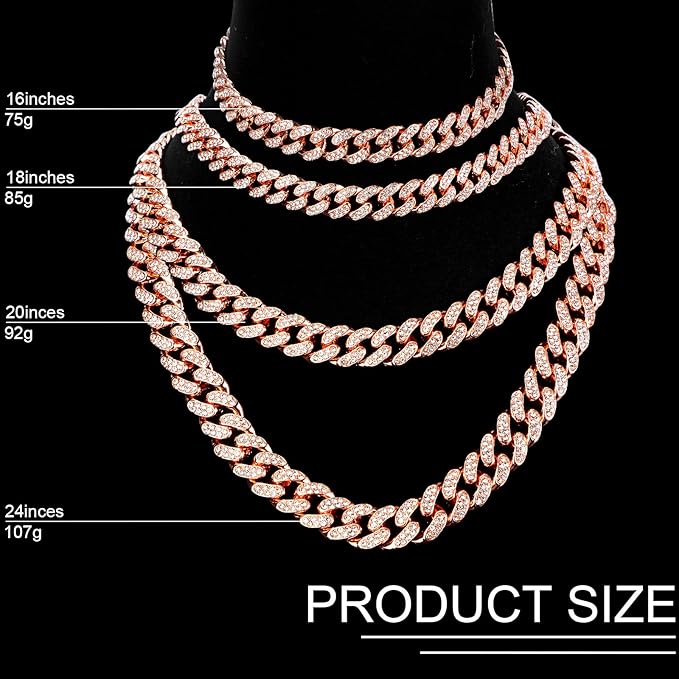 Batiyeer 3 Pcs Cuban Link Chain Necklace Bracelet Rhinestone Hoop Earrings Bling Crystal Hip Hop Jewelry for Women(16 Inch,Rose Gold)