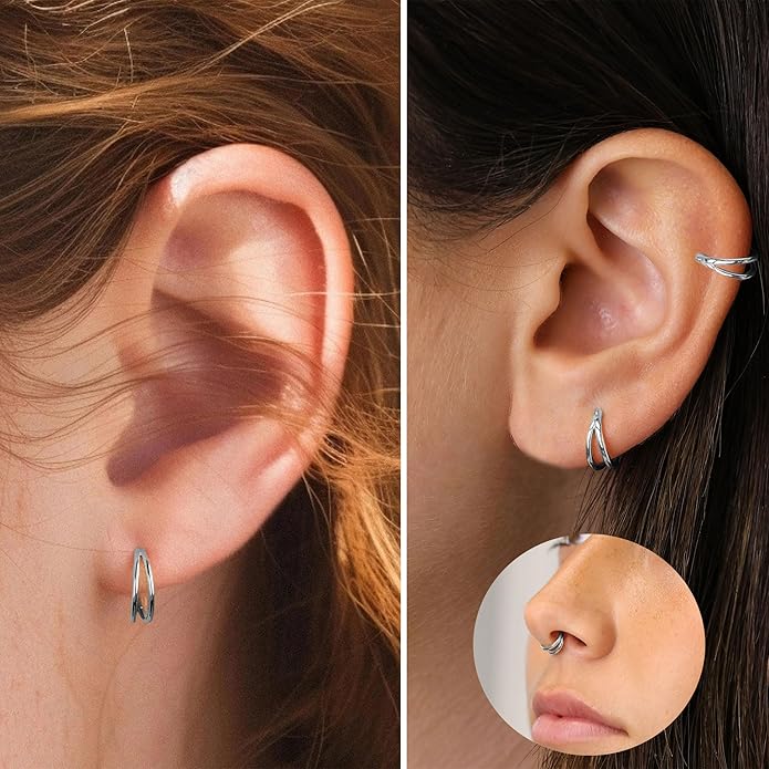 2 PCS Small Cartilage Double-Hoop Helix Conch Piercing Earrings With Cubic Zirconia For Women Trendy 14K Gold Plated Titanium Surgical Stainless Steel Sets Jewelry