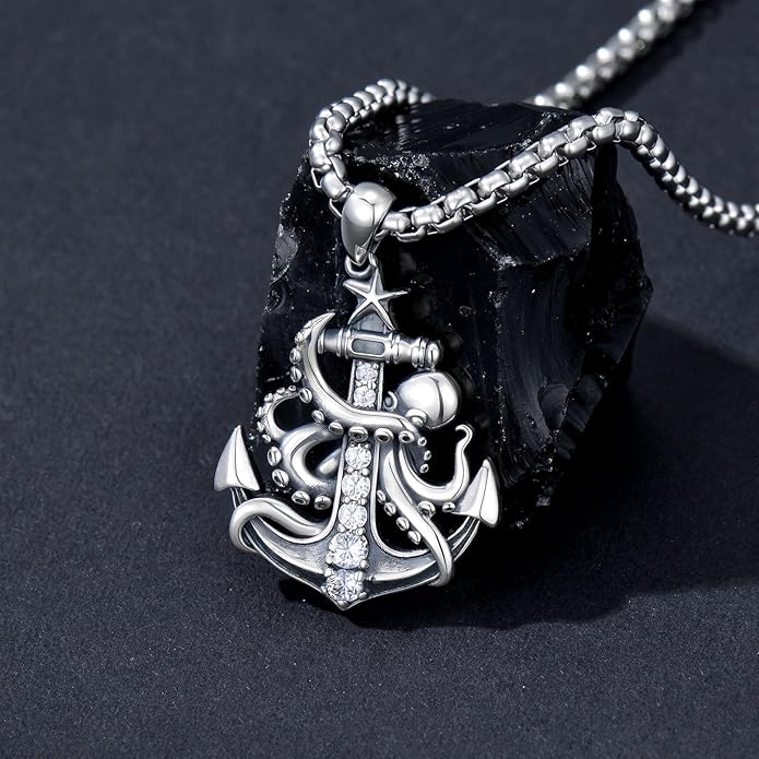 MEIDERBO Anchor Necklace for Men Women 925 Sterling Silver Earth/Swordfish/Trident/Compass Pendant Nautical Jewelry for Birthday Christmas