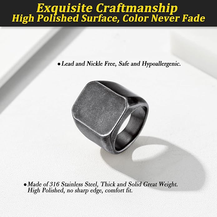 Bestyle Stainless Steel Signet Ring for Men Women in Gold/Black/Silver/Vintage Gray Tone, Chunky Thick Heavy Dome Band Ring Cool Finger Ring, Gift for Dad Husband, Size 7-14 Customizable