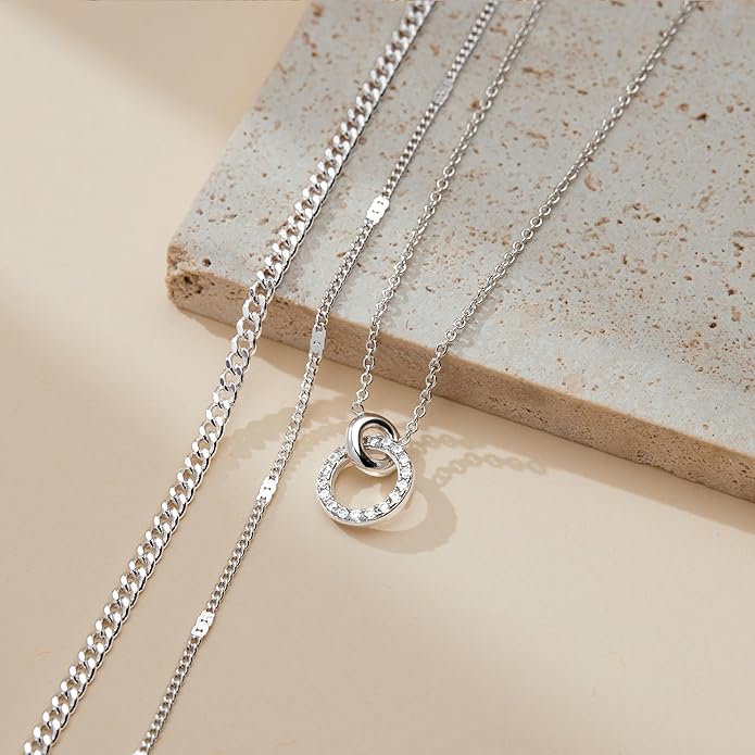 WomenGifts Layered Gold Necklaces for Women, 14K Gold Sterling Silver Plated Dainty Pendant Necklace Set with Cubic Zirconia Circle, Chunky Stackable Cuban Chain Choker, Trendy Personalized Birthstone Jewelry Gift Non Tarnish