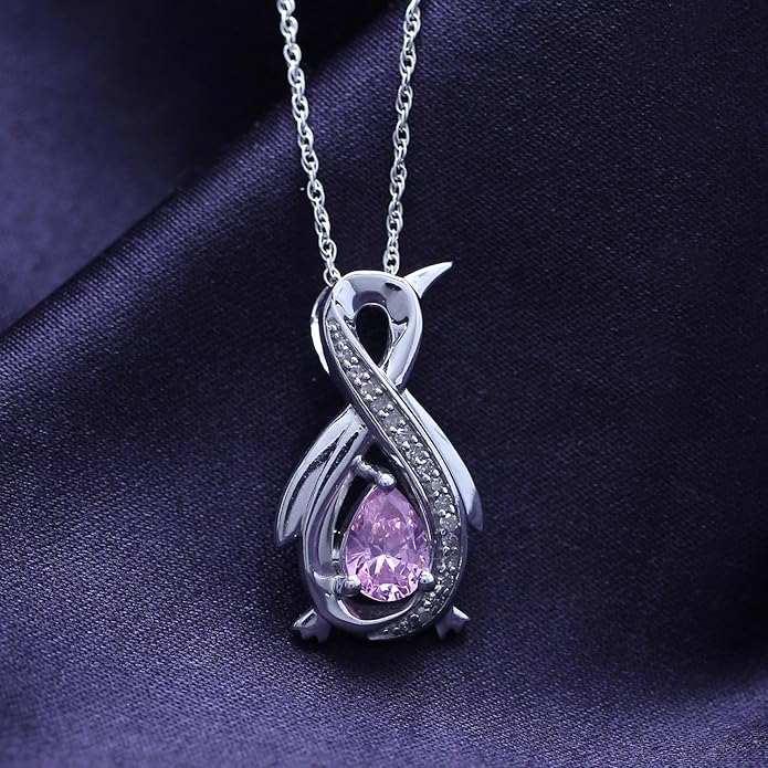 Infinity Penguin Pendant Necklace for Women, 14K Gold Over Sterling Silver with Pear & Round Cut Simulated Birthstone & White Diamond Accents, Dainty Animal Jewelry Gift with 18" Chain