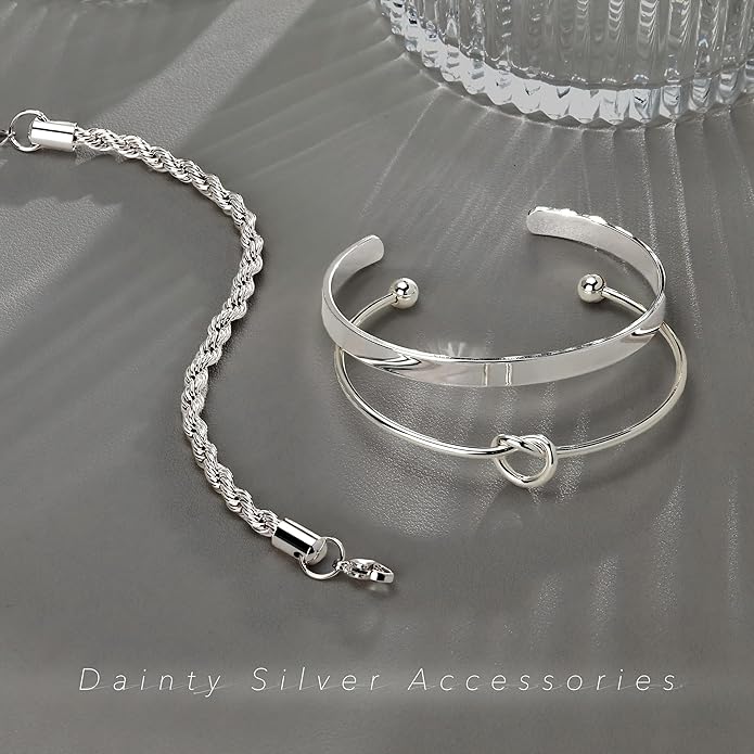 Silver Bracelets for Women Stack, Silver or Gold Plated Cuff Bangle Set, Trendy Silver Jewelry for Women Fashion