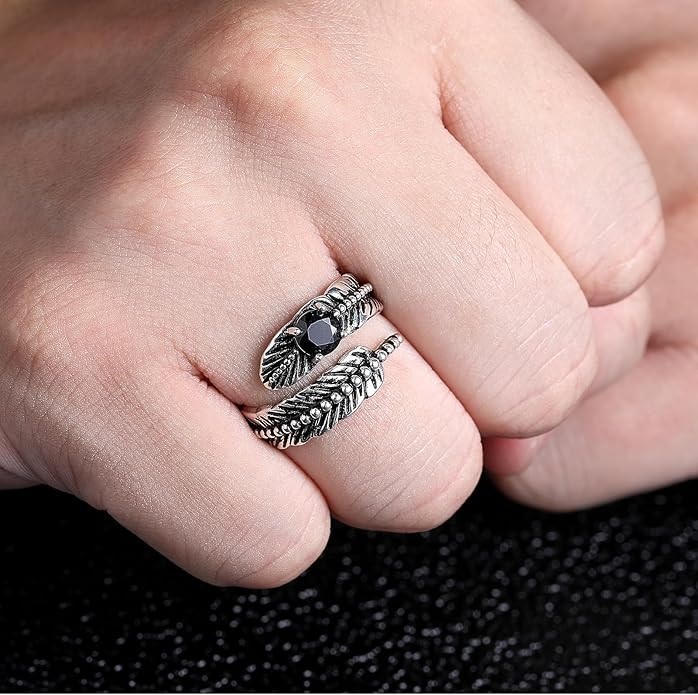 Sterling Silver Feather Ring with Black Onyx & Turquoise - Adjustable Stacking Vintage Statement Ring for Women & Men
