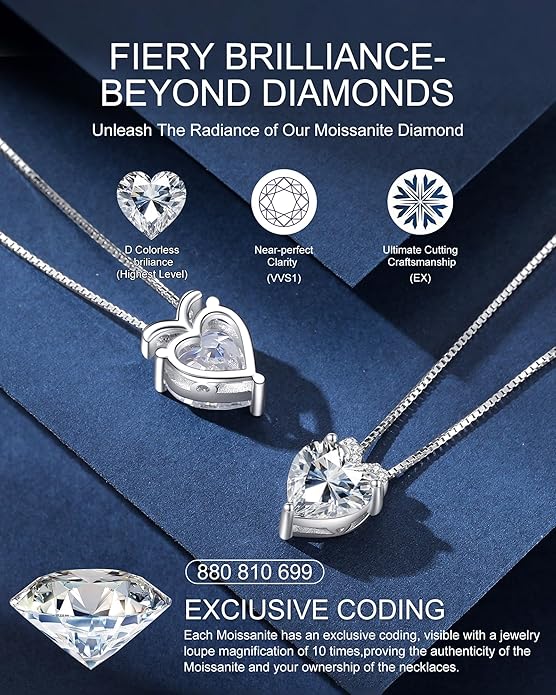 Forever Love Heart Pendant Necklaces for Women, 2-5 Carat Heartshape Moissanite Sterling Silver Pendant Jewelry, Ideal Anniversary Present or Birthday Gifts for Wife Her Girlfriend Mom Daughter