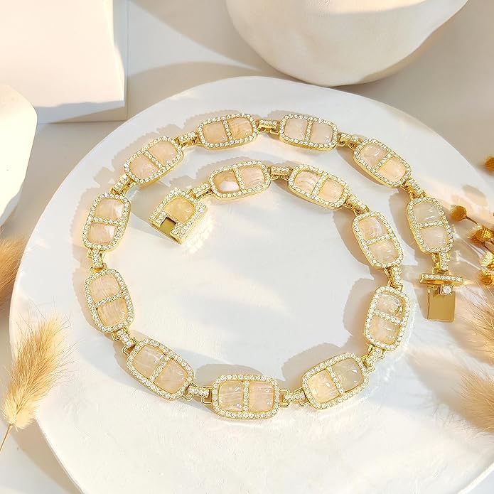 Chunky Necklace for Women 12 Colors Diamond Stone Gold Statement Necklace for Women Full Trendy Blue Birthstone Choker Necklace for Women Square Design Necklace Jewelry