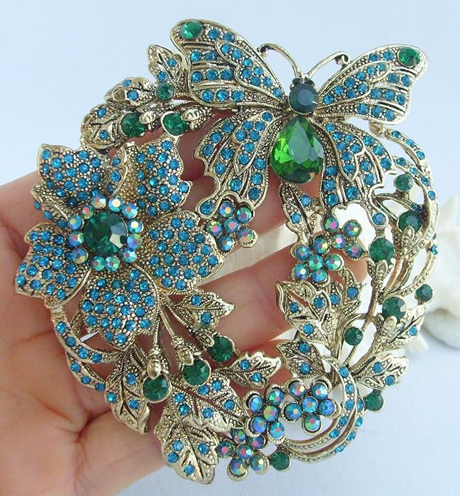 Art Style 3.54" Butterfly Flower Brooch Pin Pendant Rhinestone Crystal BZ4489