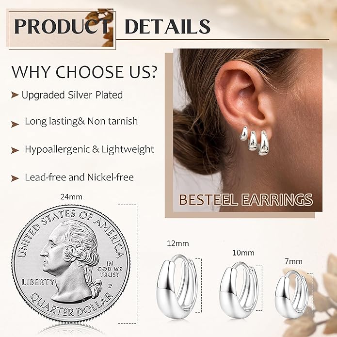 BESTEEL 3Pairs 14K Gold Plated Hoop Earrings Set for Women Chunky Earring Silver Plated Hypoallergenic Small Huggie Hoops Lightweight Tiny Thick Trendy Hoop Earrings Stacks for Multiple Piercing