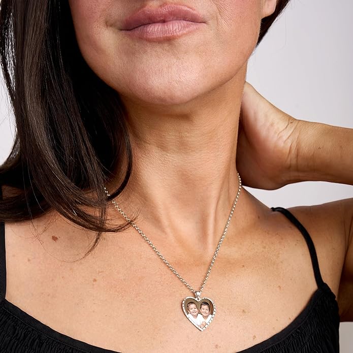 PicturesOnGold.com Personalized Photo Engraved Heart Shaped Picture Necklace with Diamond Cut Edge in Silver, Gold, White Gold or Rose Gold - 1 Inch x 1 Inch