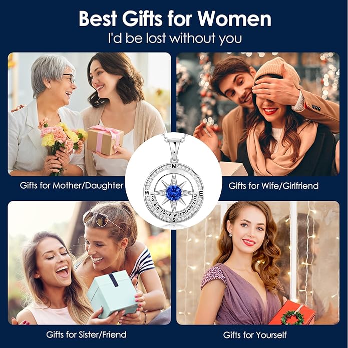 Zifeel Compass Necklace Gifts for Women wife - S925 Sterling Silver Birthstone Necklaces for Women - Anniversary Birthday Gifts for Her Wife Girlfriend - Valentines Mom Mothers Day Christmas Gifts Jewelry for Women