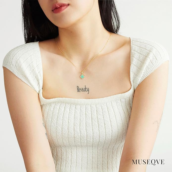 MUSEQVE Four Leaf Clover Necklace for Women Dainty Mother of Pearl White Black Onyx Pink Blue Mint Green Crystal Lucky Clover Pendant 14K Gold Plated Jewelry Gifts [CVRN]